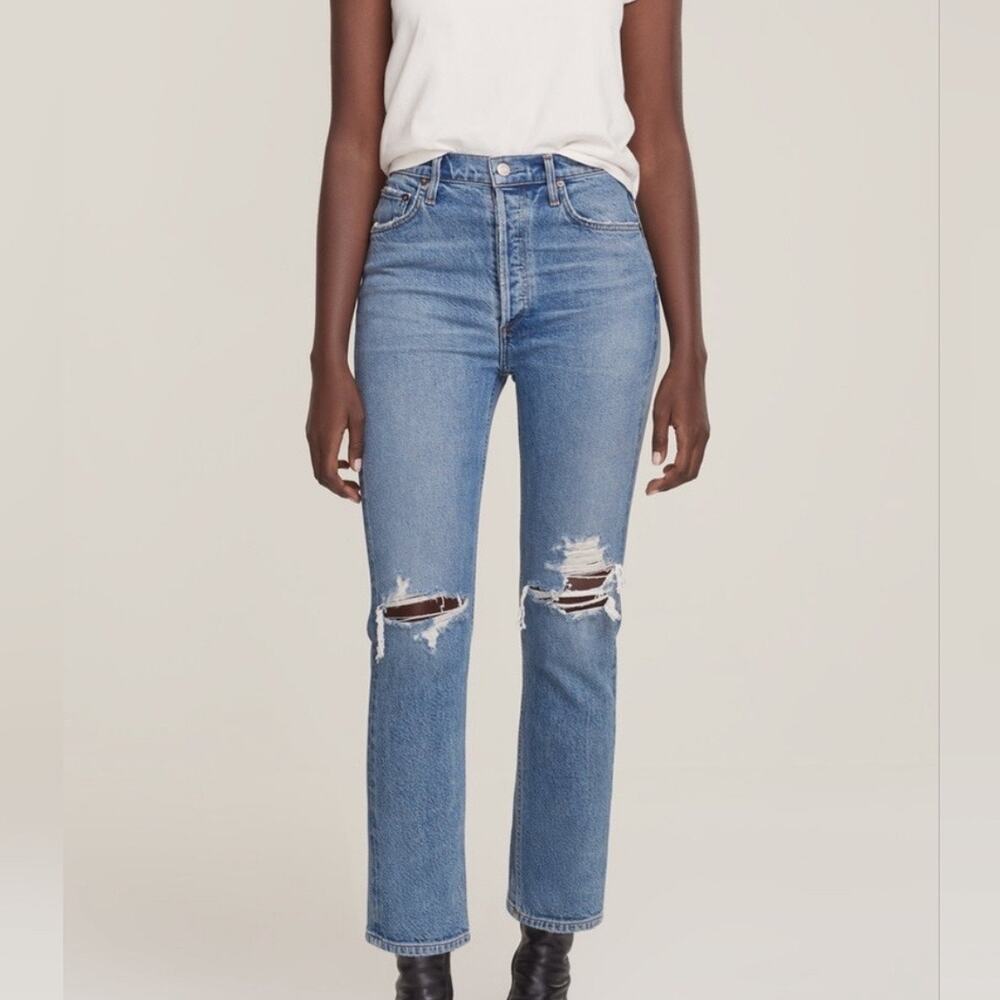 AGOLDE Blue Riley Distressed Cropped Straight Leg Jeans Sz 26